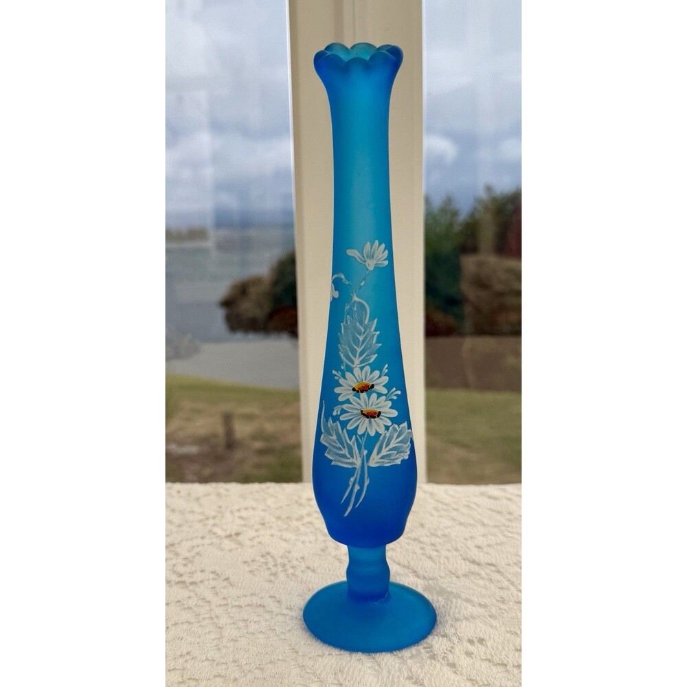 Westmoreland Satin Blue Swung Vase Hand Painted Daisy Flowers Leaves 11" MCM VTG